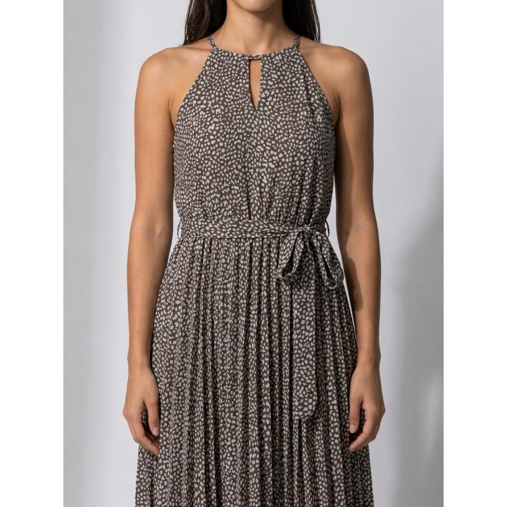 She + Sky Brown/White Animal Print High Neck Sleeveless Midi A-Line Dress M